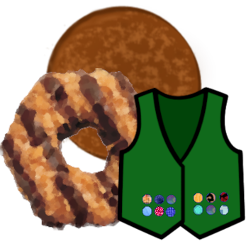 A chocolate coated round cookie, a caramel and chocolate stripes hexagon shaped cookie, and a green vest. All items are overlapping slightly. Sets of six multicolor circular patches are on the bottom of each side of the vest.